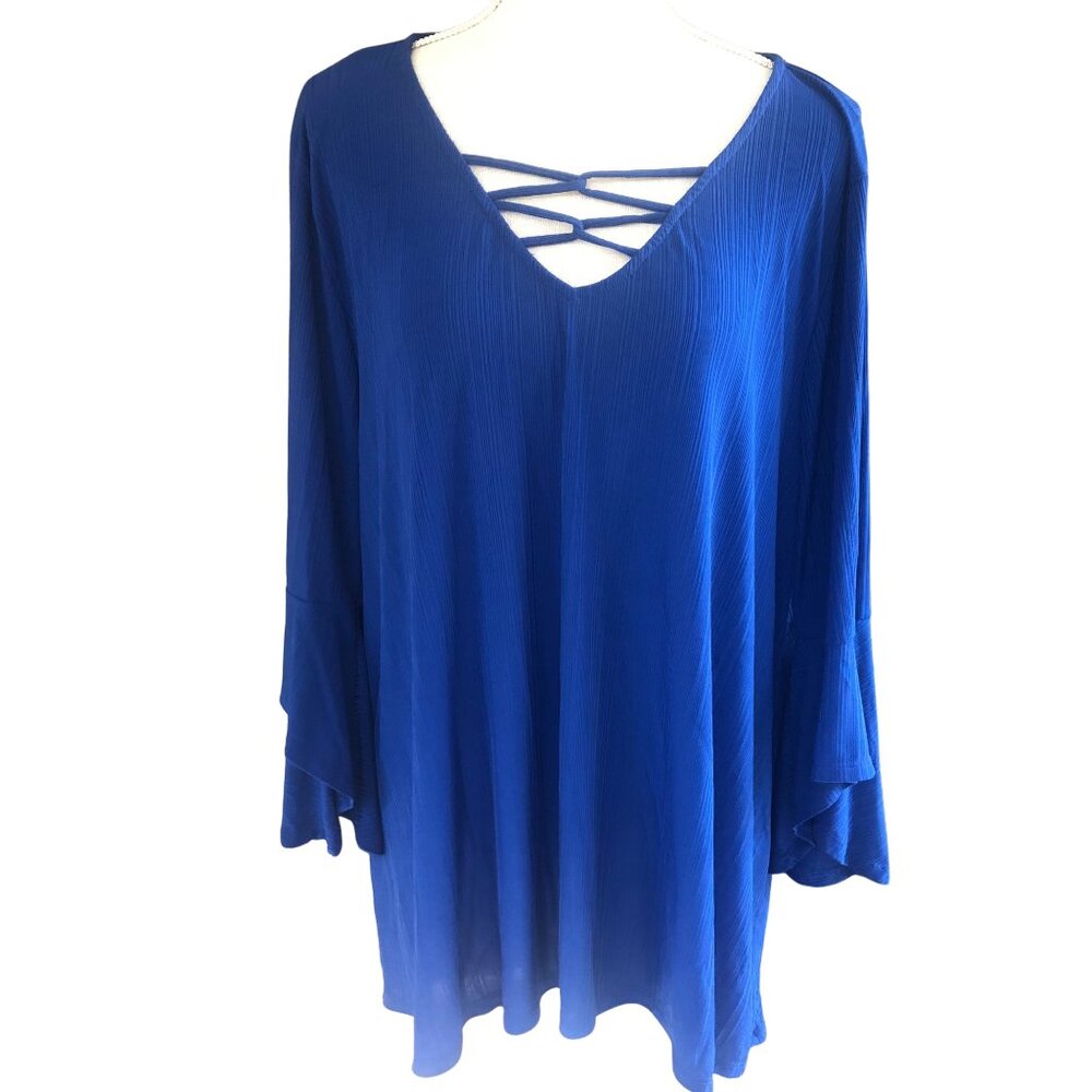 Naïf Women’s 3X Blue Tunic Top, Bell Sleeves, Criss Cross Neckline, Plus Size